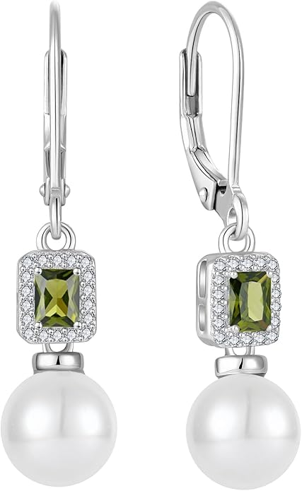 Pearl Drop Earrings Dangling 925 Sterling Silver Emerald Cut Leverback Earrings Birthstone Jewelry for Women INPASNE