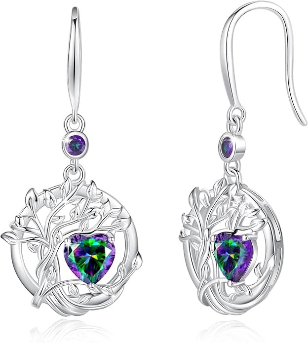 FANCIME Tree of Life Dangle Drop Earrings 925 Sterling Silver Dainty Round Gemstone Birthstone Earring Fine Jewelry Birthday Christmas Gifts for Her Women FANCIME