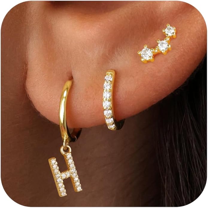 Christmas Gifts for Teen Girls Kids - 3 Pairs Gold Earrings for Women Huggie Hoop Earrings for Girls with Initial Dangle Cartilage Earring Studs Hypoallergenic Earring Set for Multiple Piercing JIAOGE