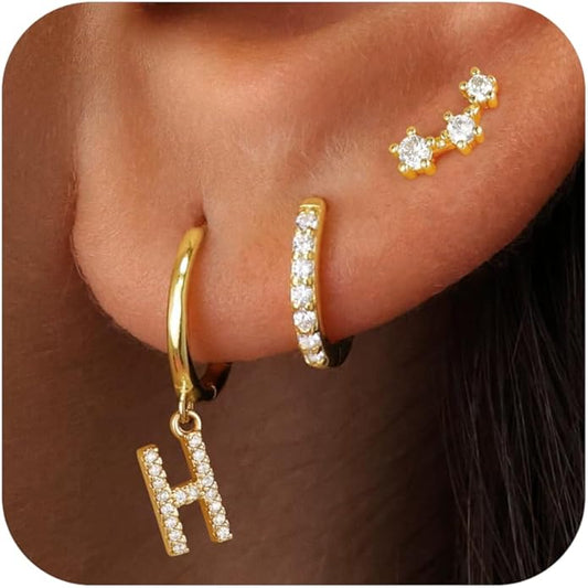 Christmas Gifts for Teen Girls Kids - 3 Pairs Gold Earrings for Women Huggie Hoop Earrings for Girls with Initial Dangle Cartilage Earring Studs Hypoallergenic Earring Set for Multiple Piercing JIAOGE