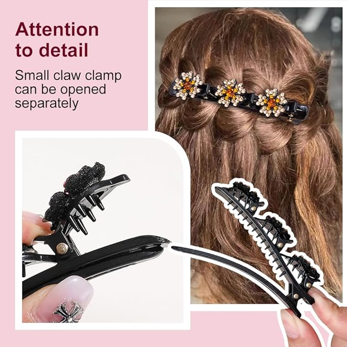 2 Pcs Sparkling Crystal Stone Braided Hair Clips, 2024 New Satin Fabric Hair Bands Rhinestone Four-Leaf Clover Hair Clip,Duck Bill Clips for Women Girls (4 Pcs) Pousbo