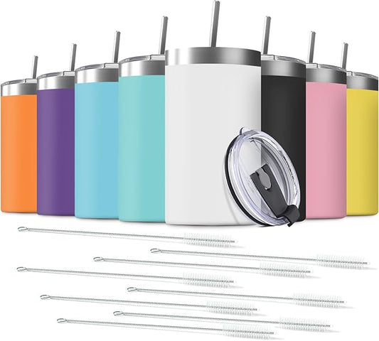 8 Pack 20 Oz Stainless Steel Skinny Tumbler with Splash Proof Lid, Vacuum Insulated Double Wall Thermal Cup, Outdoor Unbreakable Travel Slim Bottle for Hot Cold Drinks