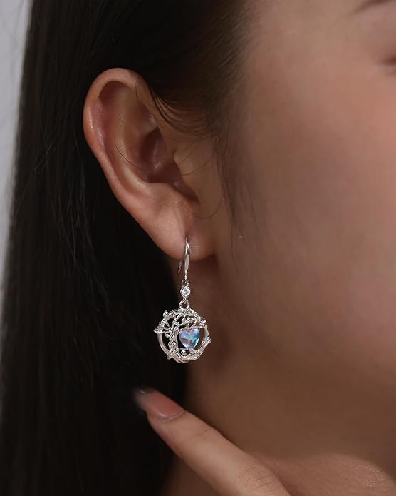 FANCIME Tree of Life Dangle Drop Earrings 925 Sterling Silver Dainty Round Gemstone Birthstone Earring Fine Jewelry Birthday Christmas Gifts for Her Women FANCIME