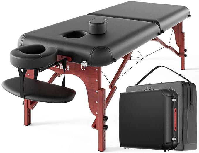 CLORIS 84" Professional Massage Table Portable 2 Folding Lightweight Facial Salon Spa Tattoo Bed Height Adjustable with Carrying Bag & Wooden Leg Hold Up to 1100LBS Black Widen CLORIS-Direct