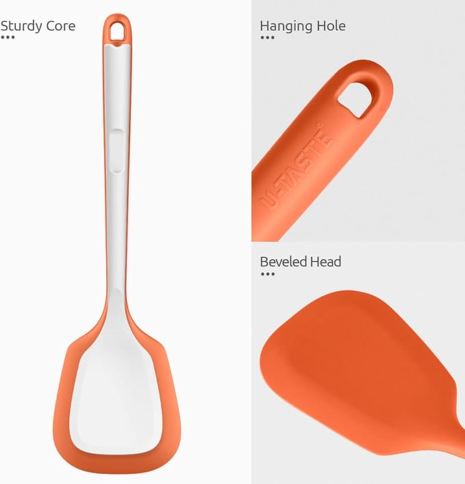 600ºF Heat Resistant Silicone Turners: U-Taste 13.6in Long Solid & Slotted Kitchen Spatula Flipper, Large Flexible Cooking Utensil for Flipping Egg, Pancake in Nonstick Cookware(Orange, 2PCS) U-Taste