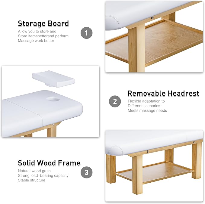 Stationary Massage Table with Memory Foam, Massage TattooTable with Adjustable Height, Facial Bed for Esthetician, PU Leather for Physical Therapy & Spa (Wood/White, 75''L x 28''W x 25''H) Kick Boosters