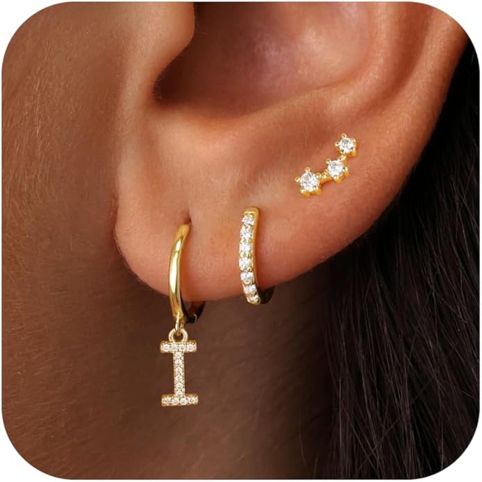 Christmas Gifts for Teen Girls Kids - 3 Pairs Gold Earrings for Women Huggie Hoop Earrings for Girls with Initial Dangle Cartilage Earring Studs Hypoallergenic Earring Set for Multiple Piercing JIAOGE