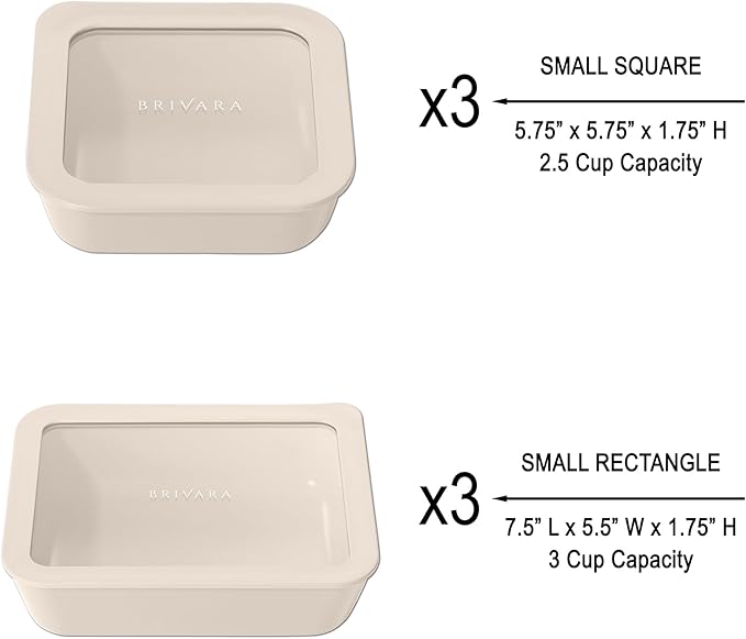 Ceramic Coated Glass Food Storage Container | No PTFE, PFOA, PFAS, and BPA | Reusable Non Toxic Meal Prep Container with Glass Lid | Easy To Store | 6 Piece Food Prep [Crema] BrivaraHome