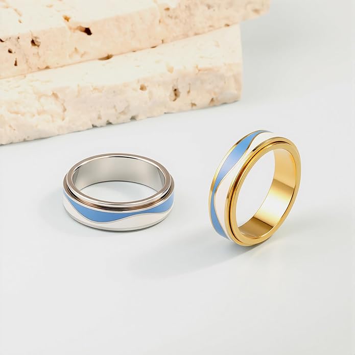 OreilleStar Fidget Anxiety Relief Ring for Women: Blue Sky and White Cloud Stripes Outer Band Fidget Toys Adults Stainless Steel Spinner Thumb Rings for Men Silver Gold Plated Size 5-10