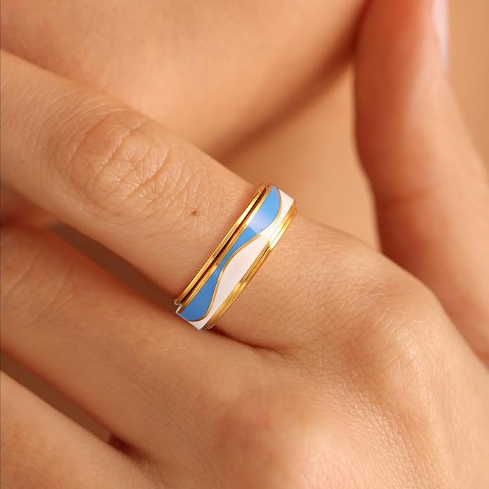 OreilleStar Fidget Anxiety Relief Ring for Women: Blue Sky and White Cloud Stripes Outer Band Fidget Toys Adults Stainless Steel Spinner Thumb Rings for Men Silver Gold Plated Size 5-10