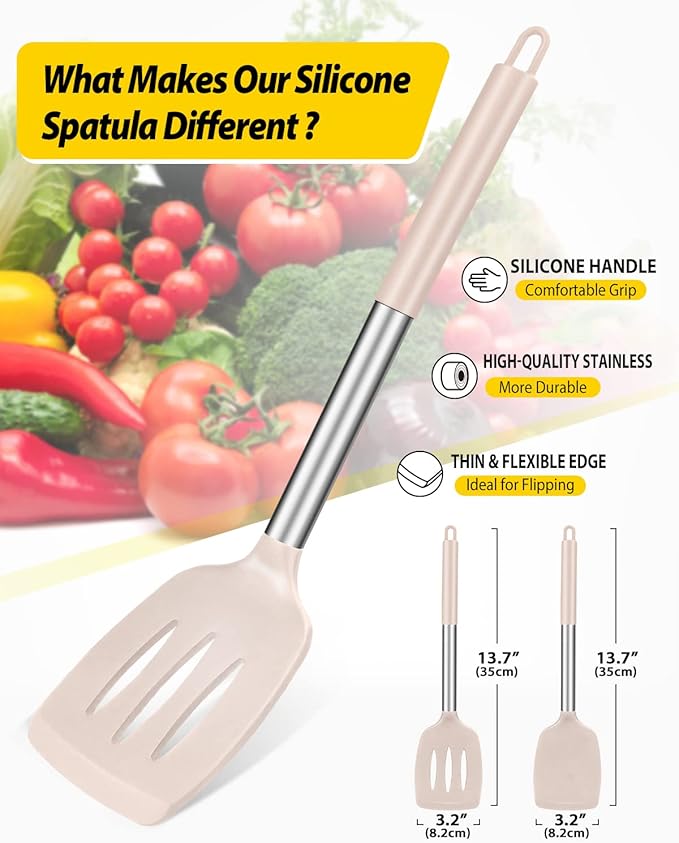 Pack of 2 Silicone Solid Turner, Non Stick Slotted Kitchen Spatulas, High Heat Resistant BPA Free Cooking Utensils, Ideal Cookware for Fish, Eggs, Pancakes(Stainless Steel Khaki) BUNDLEPRO
