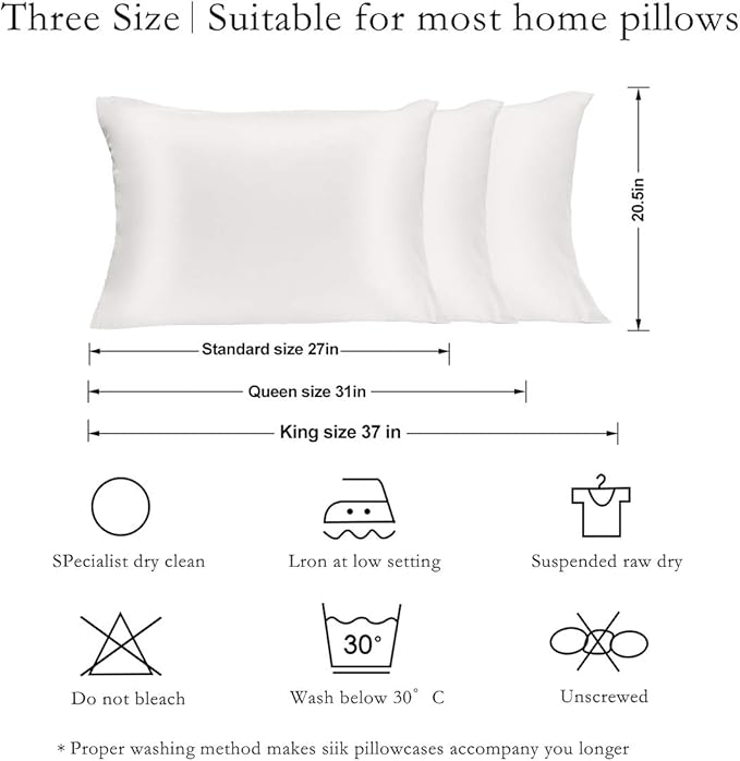 Silk Pillowcase for Hair and Skin 2 Pack 100% Mulberry Silk Bed Pillowcase Hypoallergenic Soft Breathable Both Sides Silk Pillow Case with Hidden Zipper, Queen Size Pillow Cases (White) JOGJUE