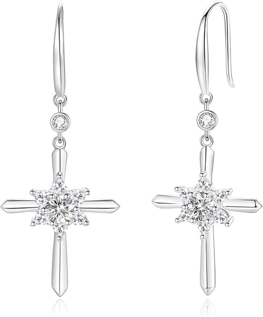 FANCIME Cross Dangle Drop Earrings 925 Sterling Silver Dainty Round Birthstone Earring Fine Jewelry Birthday Gifts for Her Women FANCIME