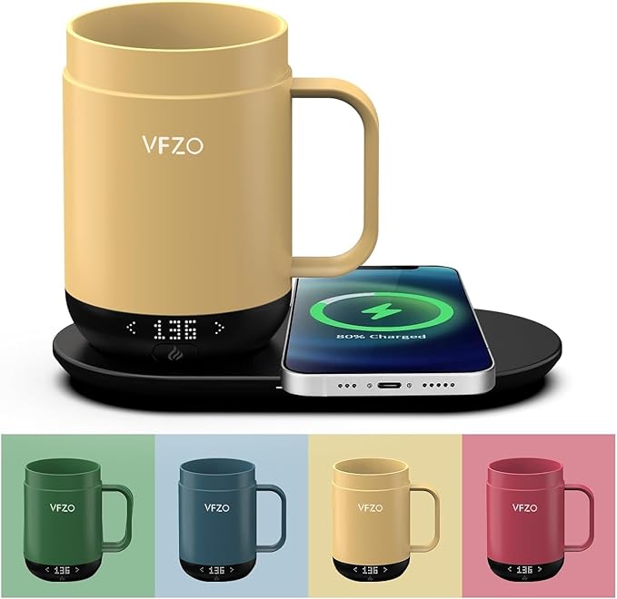 16Oz Temperature Control Smart Mug, Self Heating Coffee Mug LED Display, 180 Min Battery Life - Hot up to 149℉ Fast Wireless Charger Base Improved Design Coffee Serving Sets (16oz, Lemon) VFZO