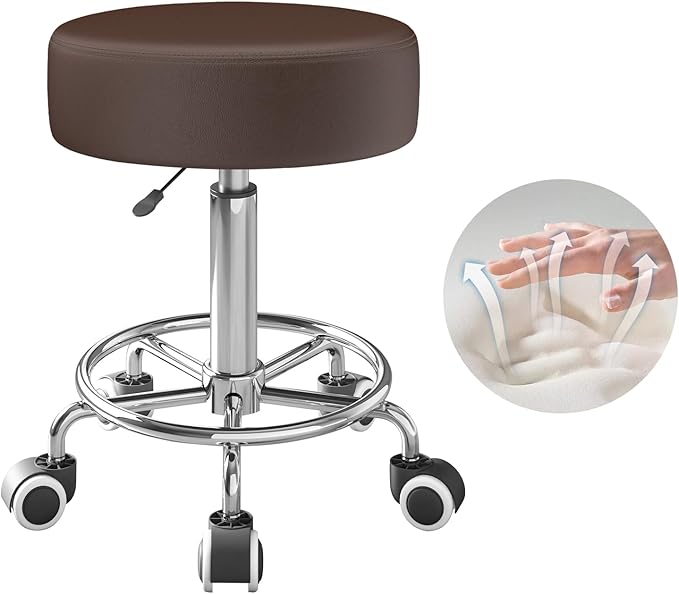 Rolling Stool, Heavy Weight Capacity 250lb, PU Leather Rolling stools, Ultra Soft Padded Seat, Rolling Stools with Wheels and Footrest, 360° Swivel, Spa Drawing Salon Work Office Tattoo Stool (Brown) YEEZEE