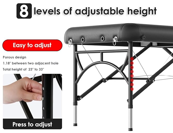 CLORIS 84" Professional Massage Table Portable 2 Folding Lightweight Facial Salon Spa Tattoo Bed Height Adjustable with Carrying Bag & Aluminium Leg Hold Up to 1100LBS Black Widen CLORIS-Direct