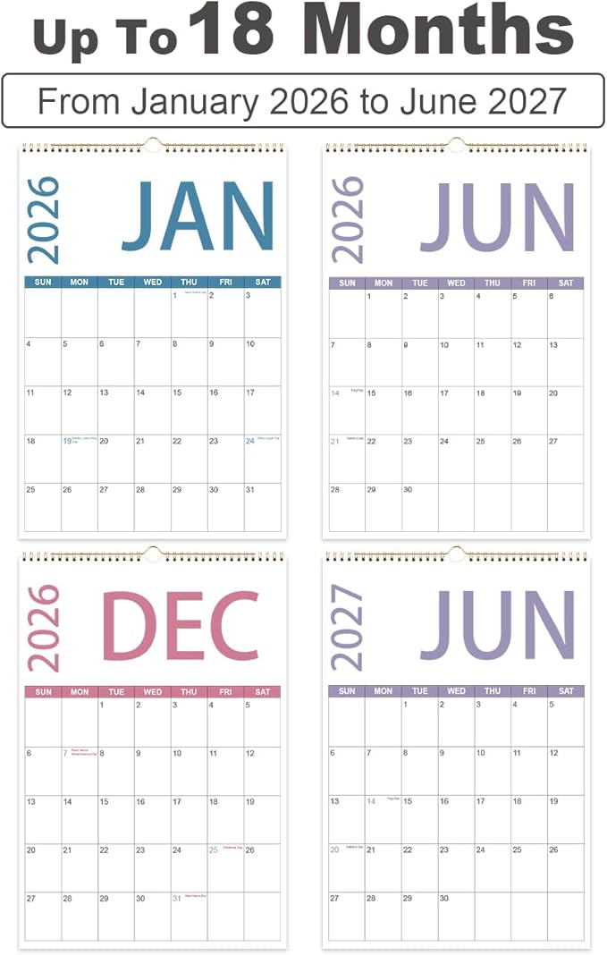 Calendar 2026-18-Month Wall Calendar from January 2026 to June 2027, 6 ...