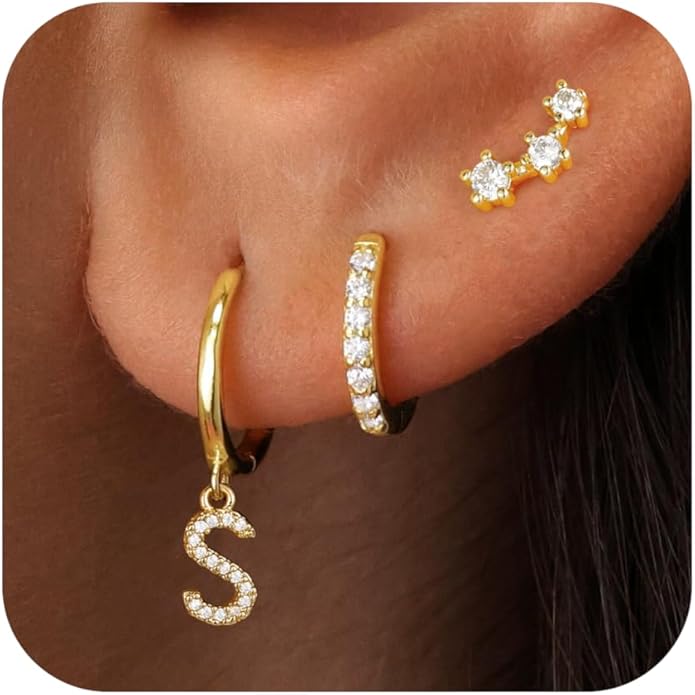 Christmas Gifts for Teen Girls Kids - 3 Pairs Gold Earrings for Women Huggie Hoop Earrings for Girls with Initial Dangle Cartilage Earring Studs Hypoallergenic Earring Set for Multiple Piercing JIAOGE