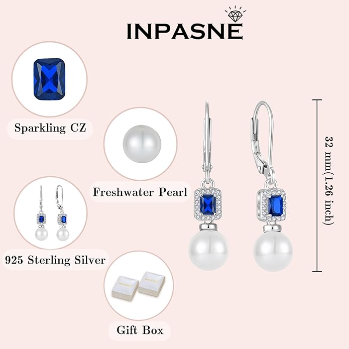 Pearl Drop Earrings Dangling 925 Sterling Silver Emerald Cut Leverback Earrings Birthstone Jewelry for Women INPASNE