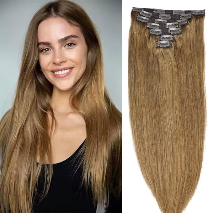 14" Clip in Human Hair Extensions Full Head 110g 7 Pieces 16 Clips 8# Light Brown Double Weft Brazilian Real Remy Hair Extensions Thick Straight Silky (14" 110g, Light Brown)