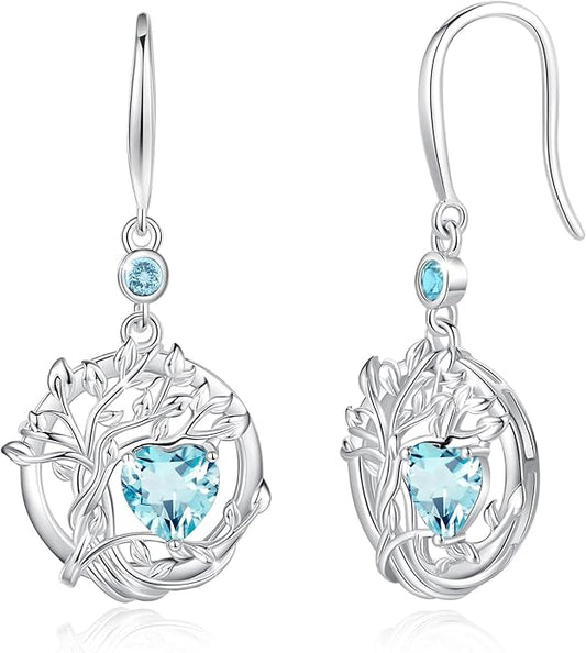 FANCIME Tree of Life Dangle Drop Earrings 925 Sterling Silver Dainty Round Gemstone Birthstone Earring Fine Jewelry Birthday Christmas Gifts for Her Women FANCIME