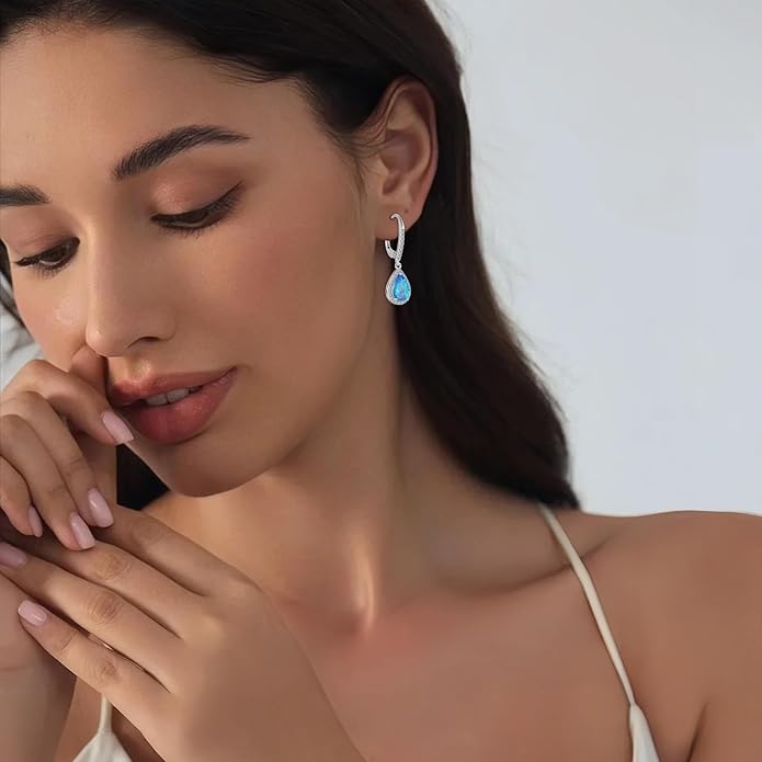 FJ Teardrop Dangle Drop Earrings 925 Sterling Silver Halo Leverback Earrings Birthstone Jewelry Gifts for Women FJ