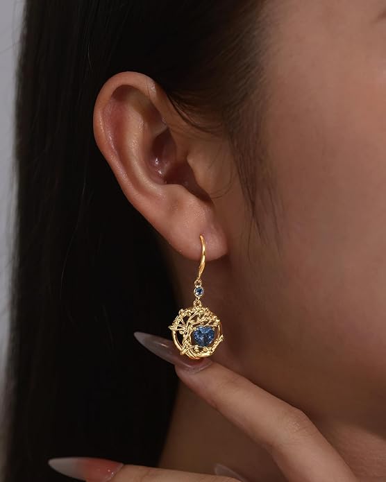 FANCIME Tree of Life Dangle Drop Earrings 925 Sterling Silver Dainty Round Gemstone Birthstone Earring Fine Jewelry Birthday Christmas Gifts for Her Women FANCIME