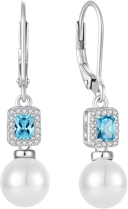 Pearl Drop Earrings Dangling 925 Sterling Silver Emerald Cut Leverback Earrings Birthstone Jewelry for Women INPASNE