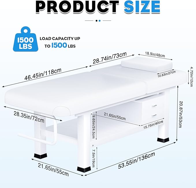 Stationary Massage Table with Memory Foam, Massage TattooTable with Adjustable Height, Facial Bed for Esthetician, PU Leather for Physical Therapy & Spa (Wood & Metal/Wh, 76''L x 30''W) Kick Boosters