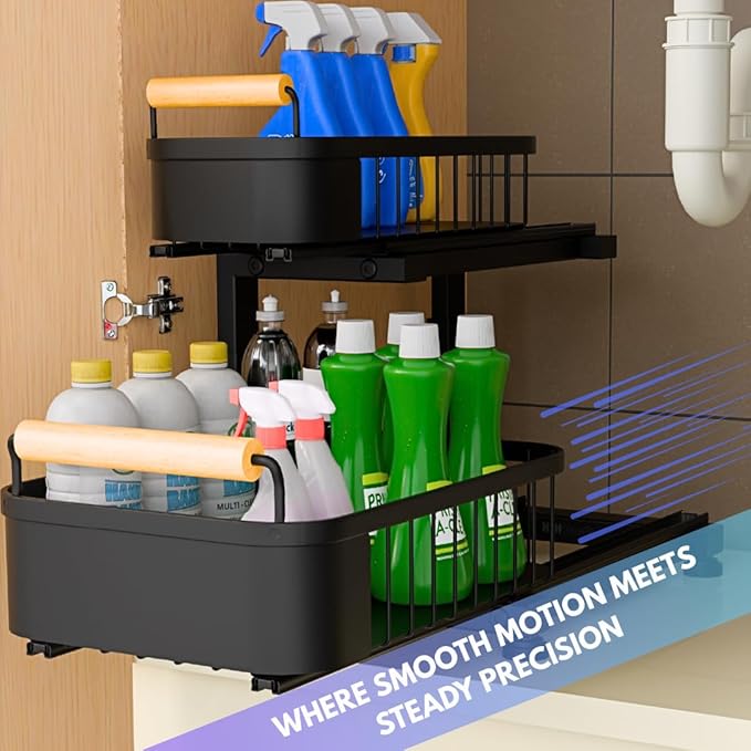 Premium Heavy Duty Carbon Steel Under Sink Organizer, 2 Tier Pull Out Cabinet Organizer, 7 Adjustable Heights with Smooth Ball Bearing Sliding Baskets for Bathroom & Kitchen HTHGoods