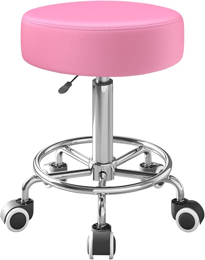 Rolling Stool, Heavy Weight Capacity 250lb, PU Leather Rolling stools, Ultra Soft Padded Seat, Rolling Stools with Wheels and Footrest, 360° Swivel, Spa Drawing Salon Work Office Tattoo Stool (pink) YEEZEE