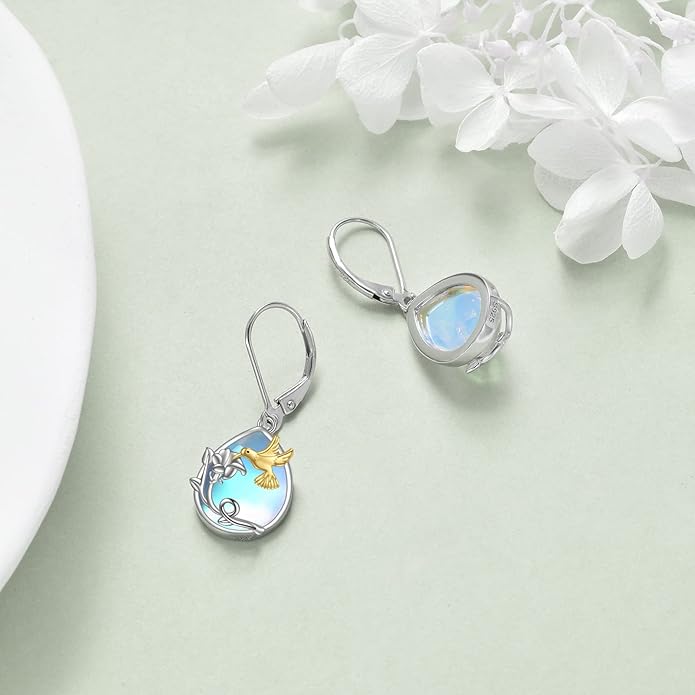 YFN Bee/Flower/Hummingbird Bird Moonstone Earrings 925 Sterling Silver Teardrop Dangle Hypoallergenic Leverback Earring for Women YFN