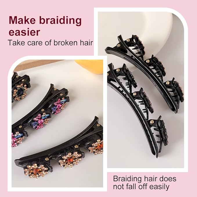 2 Pcs Sparkling Crystal Stone Braided Hair Clips, 2024 New Satin Fabric Hair Bands Rhinestone Four-Leaf Clover Hair Clip,Duck Bill Clips for Women Girls (4 Pcs) Pousbo