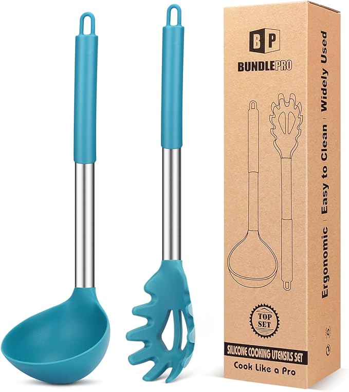 Silicone Pasta Fork and Ladle Spoon Set, Large Non Stick Kitchen Utensils for Cooking,Stirring,Serving Spaghetti, Soup, Sauce (BLUE) BUNDLEPRO