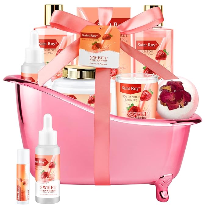 Spa Kit for Women, Bath & Body Gift Set, Luxury Home Spa Bath Gift Basket, Strawberry Scented Bath Set Christmas Gifts for Women, Pamper Gifts for Girls & Teens, Birthday Gift, Bath Self Care Gift SaintRoy