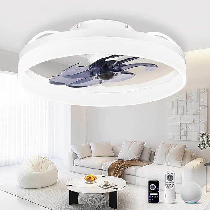 Smart Ceiling Fan with Lights and Alexa Assistant/APP/Remote Control Low Profile Fan with 6 Speeds, 15° Tilt Manal Adjustment, Stepless Color Temperature Change for Home, Office White Kick Boosters