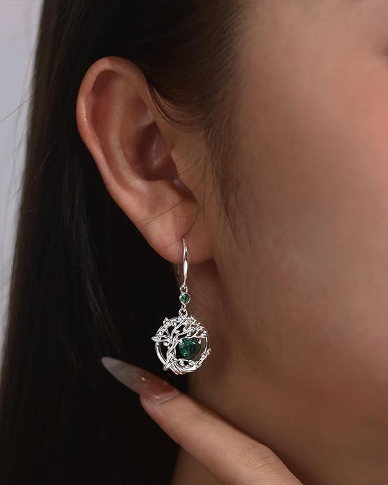 FANCIME Tree of Life Dangle Drop Earrings 925 Sterling Silver Dainty Round Gemstone Birthstone Earring Fine Jewelry Birthday Christmas Gifts for Her Women FANCIME