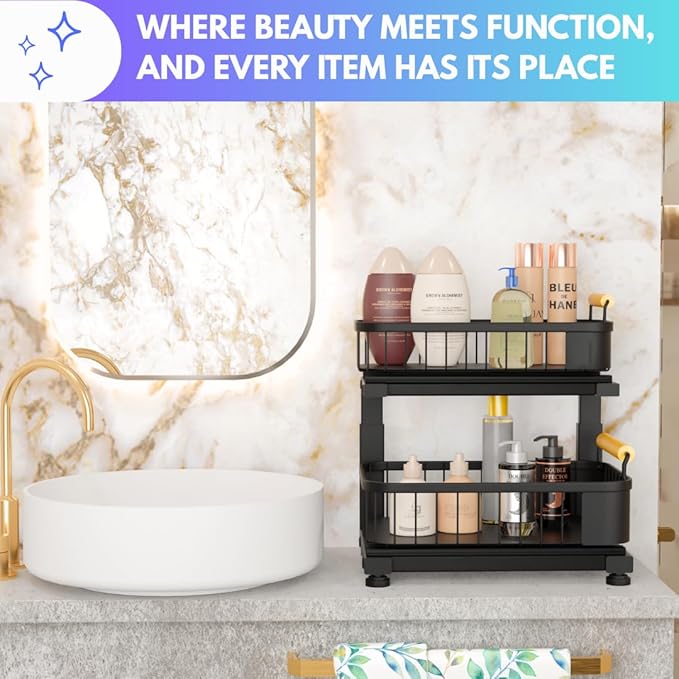 Premium Heavy Duty Carbon Steel Under Sink Organizer, 2 Tier Pull Out Cabinet Organizer, 7 Adjustable Heights with Smooth Ball Bearing Sliding Baskets for Bathroom & Kitchen HTHGoods