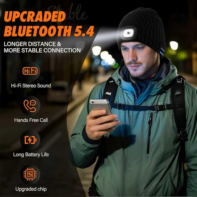 2 Pack Bluetooth Beanie Hat with Light for Men, Rechargeable LED Beanie with Light, Headlamp Cap Wireless Headphones, Christmas Gifts for Teens Stocking Stuffers for Men Dad（Black&Gray） AHASTI