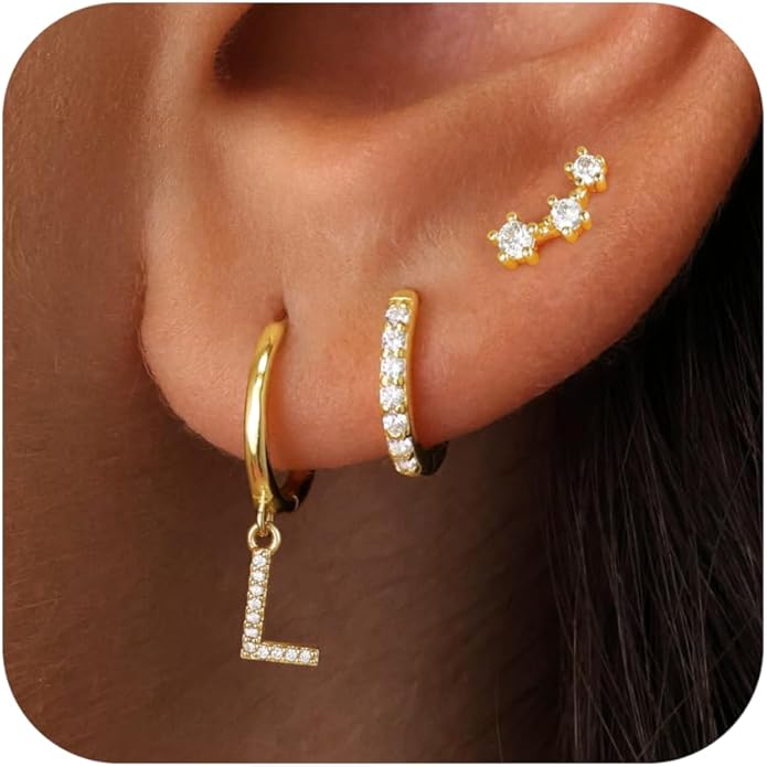 Christmas Gifts for Teen Girls Kids - 3 Pairs Gold Earrings for Women Huggie Hoop Earrings for Girls with Initial Dangle Cartilage Earring Studs Hypoallergenic Earring Set for Multiple Piercing JIAOGE