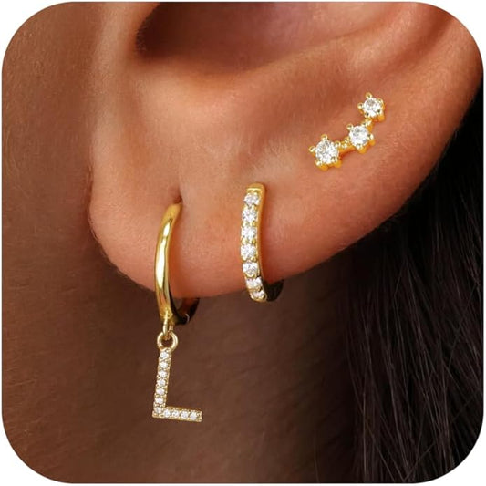 Christmas Gifts for Teen Girls Kids - 3 Pairs Gold Earrings for Women Huggie Hoop Earrings for Girls with Initial Dangle Cartilage Earring Studs Hypoallergenic Earring Set for Multiple Piercing JIAOGE