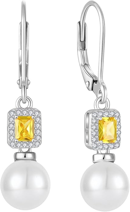 Pearl Drop Earrings Dangling 925 Sterling Silver Emerald Cut Leverback Earrings Birthstone Jewelry for Women INPASNE