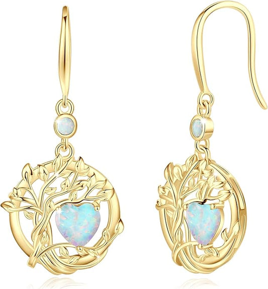 FANCIME Tree of Life Dangle Drop Earrings 925 Sterling Silver Dainty Round Gemstone Birthstone Earring Fine Jewelry Birthday Christmas Gifts for Her Women FANCIME
