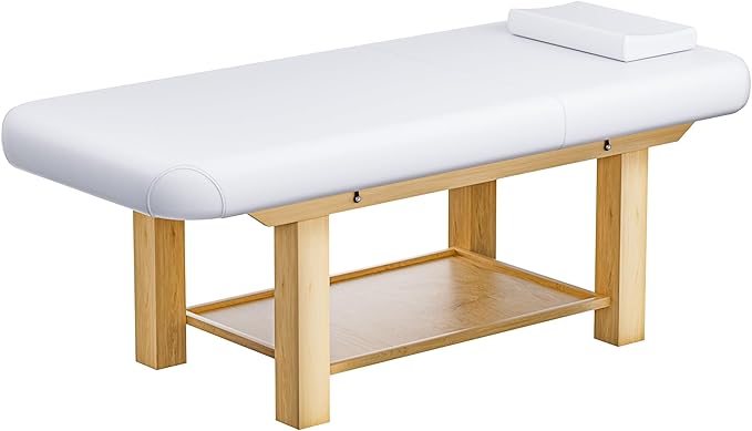 Stationary Massage Table with Memory Foam, Massage TattooTable with Adjustable Height, Facial Bed for Esthetician, PU Leather for Physical Therapy & Spa (Wood/White, 75''L x 28''W x 25''H) Kick Boosters