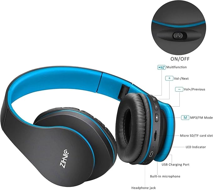 ZIHNIC Bluetooth Headphones Over-Ear, Foldable Wireless and Wired Stereo Headset Micro SD/TF, FM for Cell Phone,PC,Soft Earmuffs &Light Weight for Prolonged Wearing (Black/Blue) ENJOYMUSICLIFEWITHZIHNICHEADPHONES