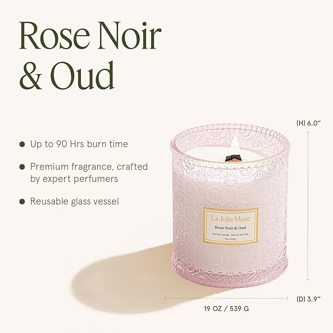 LA JOLIE MUSE Rose Noir & Oud Scented Candle – Lemon, Rose & Oud |19 oz Large Wooden Wick Candle | Natural Soy Wax | 90 Hours Clean Burn | Gift-Ready for Hosts & Gatherings | Elegant Home Décor LaJol%C3%ADeMuse