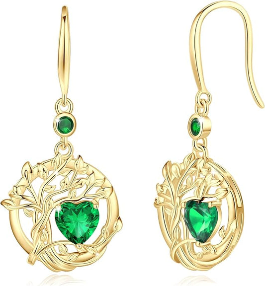 FANCIME Tree of Life Dangle Drop Earrings 925 Sterling Silver Dainty Round Gemstone Birthstone Earring Fine Jewelry Birthday Christmas Gifts for Her Women FANCIME