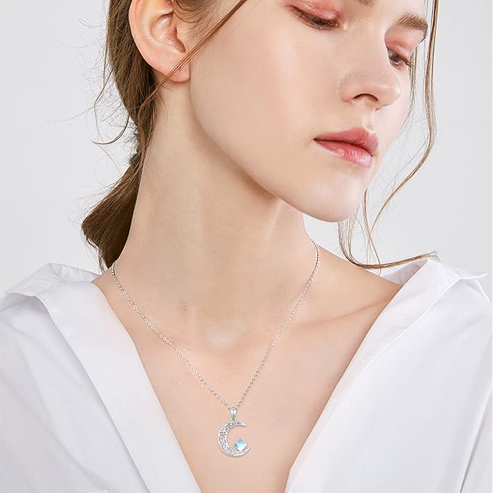 TRISHULA Moon Star Necklace, 925 Sterling Silver Crescent Moon Sun Pendant with Moonstone Crescent Jewelry Gift for Her Sister Birthday Christmas TRISHULA
