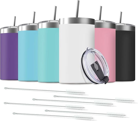 6 Pack 20 Oz Stainless Steel Skinny Tumbler with Splash Proof Lid, Vacuum Insulated Double Wall Thermal Cup, Outdoor Unbreakable Travel Slim Bottle for Hot Cold Drinks