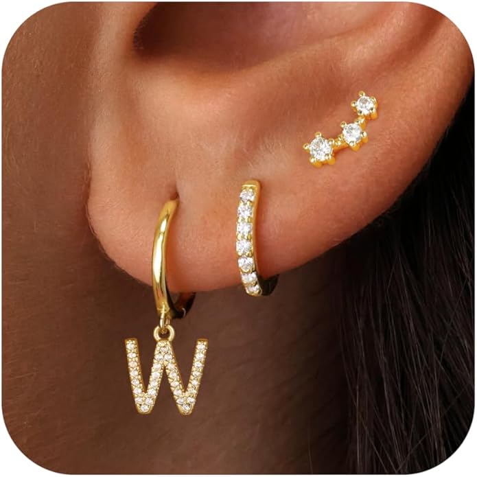 Christmas Gifts for Teen Girls Kids - 3 Pairs Gold Earrings for Women Huggie Hoop Earrings for Girls with Initial Dangle Cartilage Earring Studs Hypoallergenic Earring Set for Multiple Piercing JIAOGE